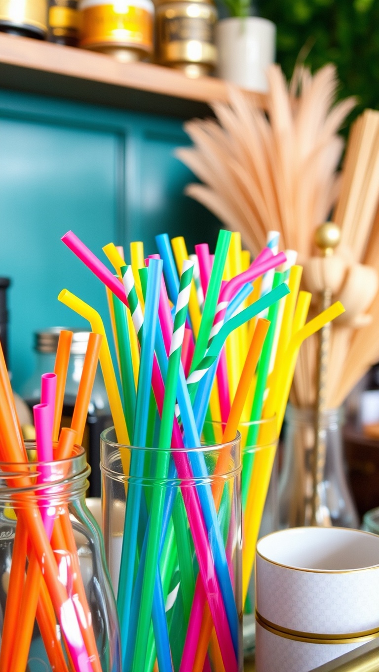 25 Fun and Fabulous Eclectic Vintage Bar Cart Styling Ideas - 18. Colorful Straws: Fun in Every Drink