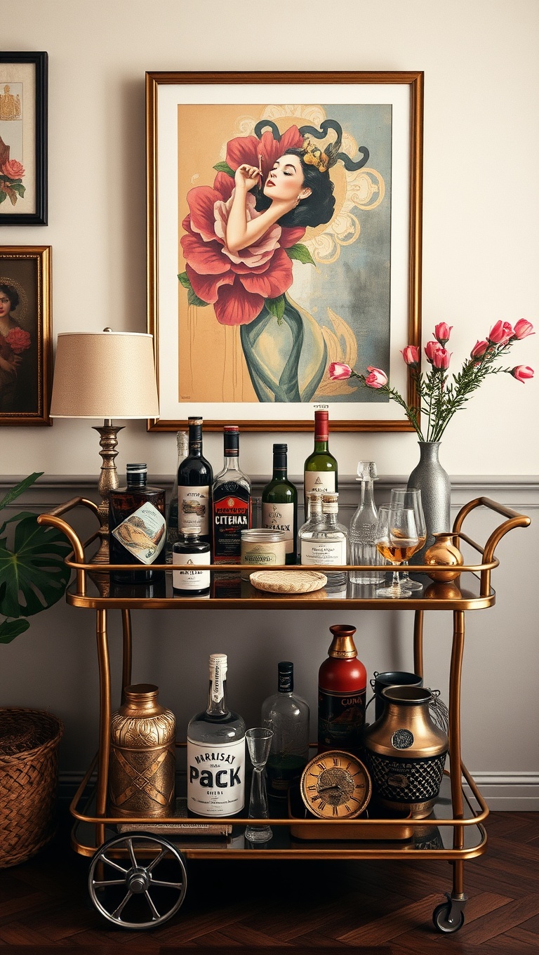 25 Fun and Fabulous Eclectic Vintage Bar Cart Styling Ideas - 21. Bold Artwork: Make a Statement Behind the Cart