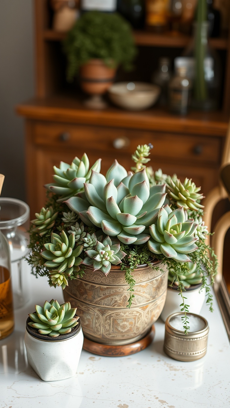 25 Fun and Fabulous Eclectic Vintage Bar Cart Styling Ideas - 3. Succulent Centerpiece: Greenery on Display