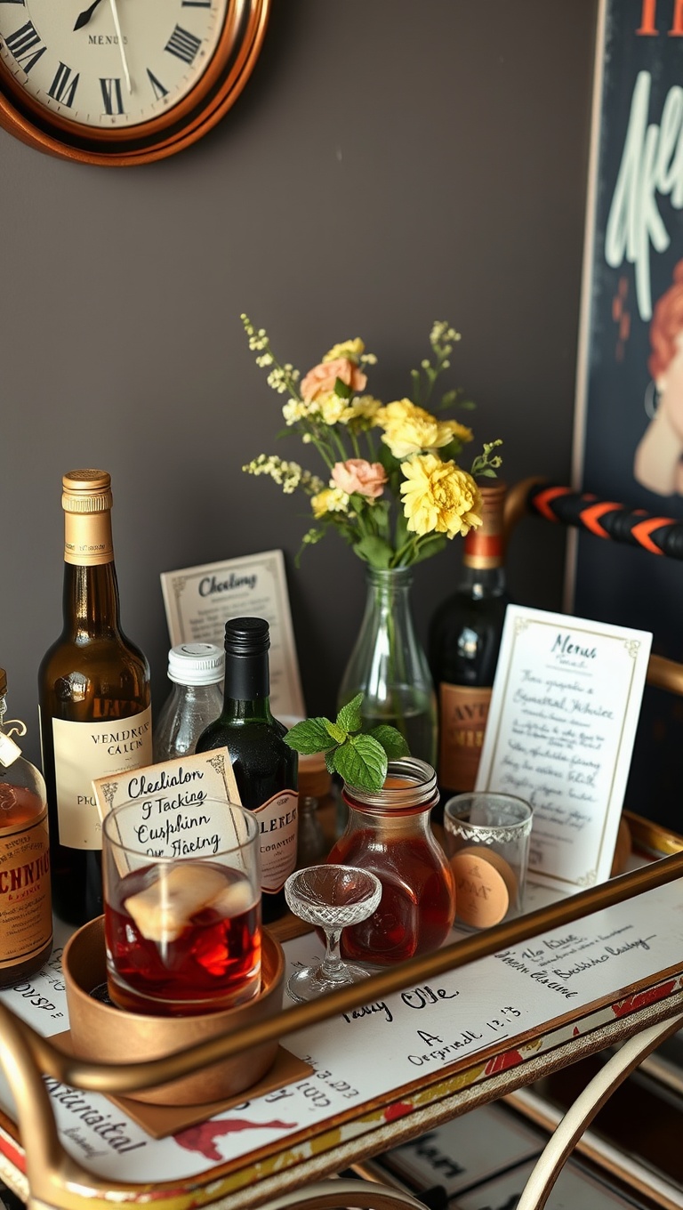 25 Fun and Fabulous Eclectic Vintage Bar Cart Styling Ideas - 24. Handwritten Menus: Personal Touches Matter