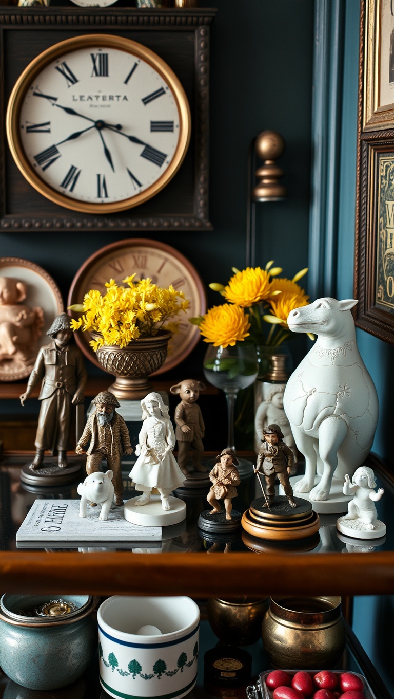 25 Fun and Fabulous Eclectic Vintage Bar Cart Styling Ideas - 14. Unique Figurines: Show Off Your Faves