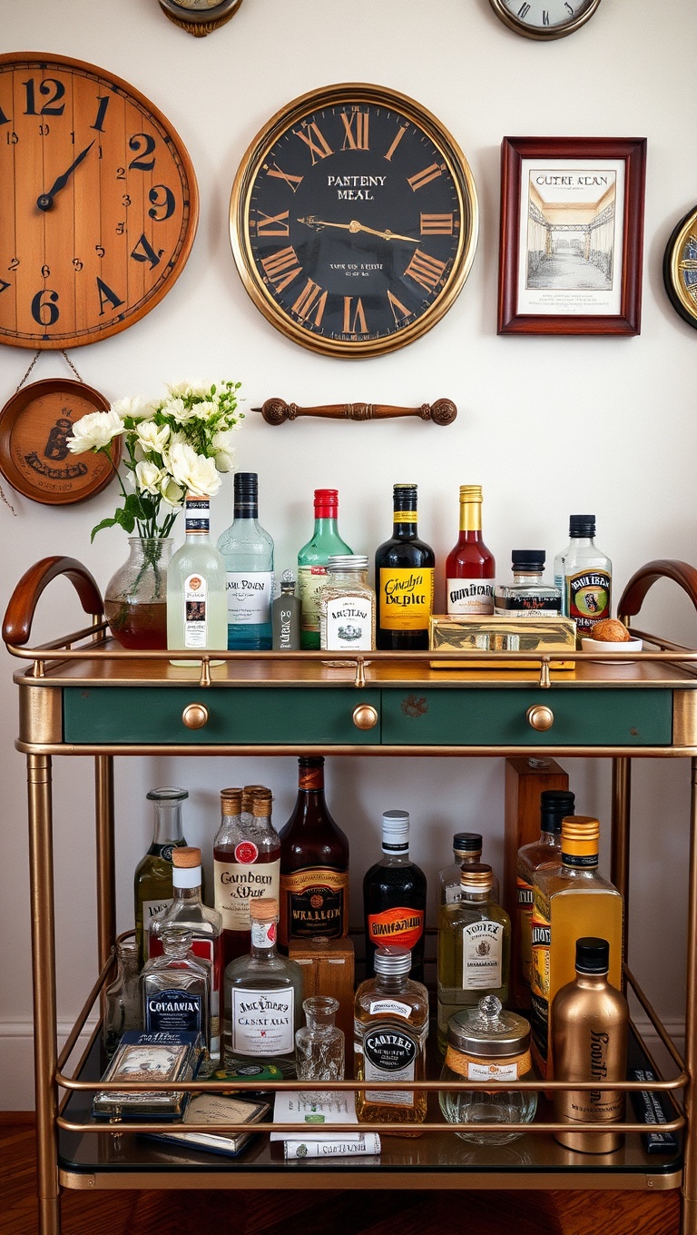 25 Fun and Fabulous Eclectic Vintage Bar Cart Styling Ideas - 16. Personal Mementos: Memories in Every Sip