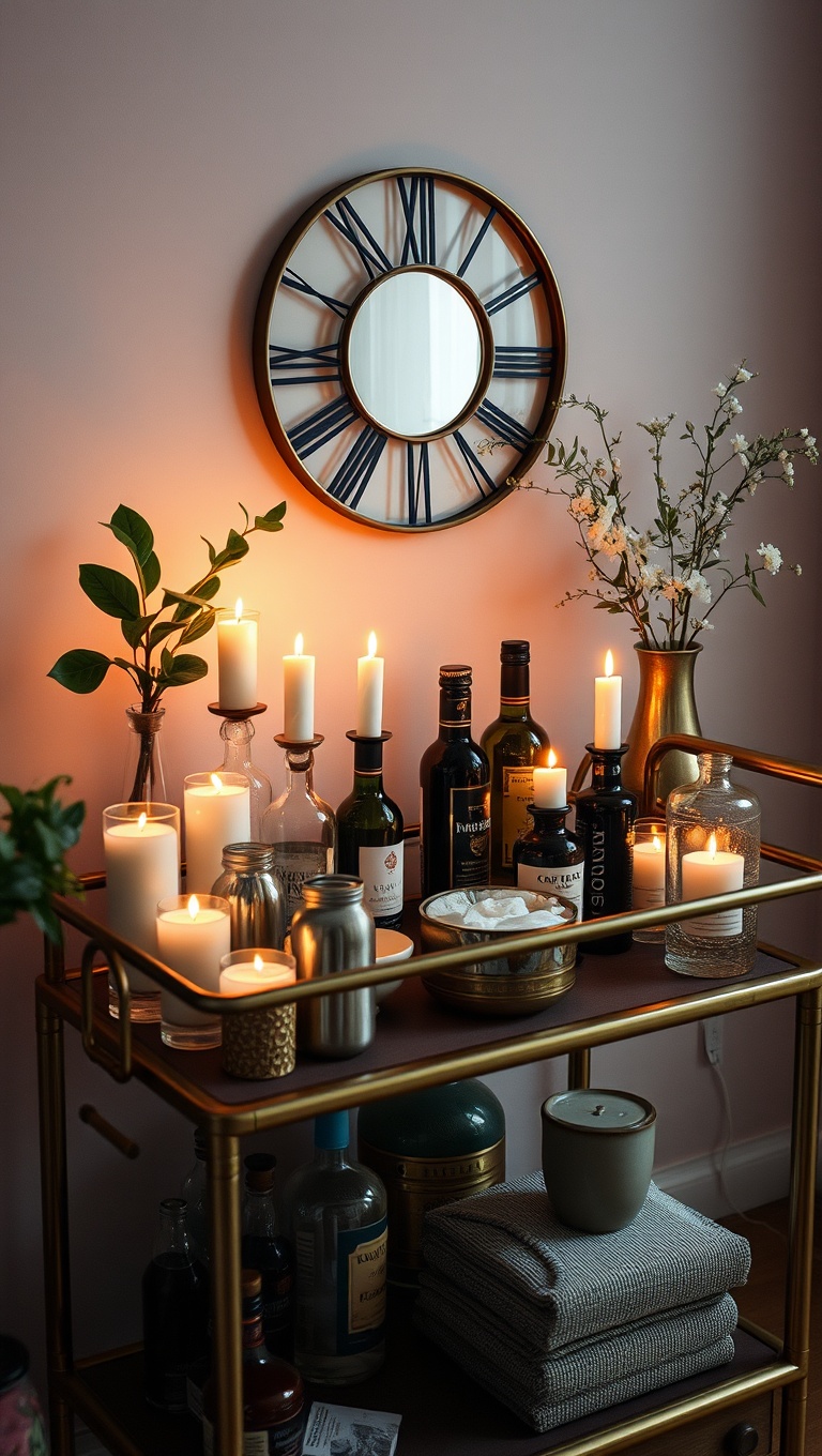 25 Fun and Fabulous Eclectic Vintage Bar Cart Styling Ideas - 20. Candles: Set the Mood with Soft Lighting