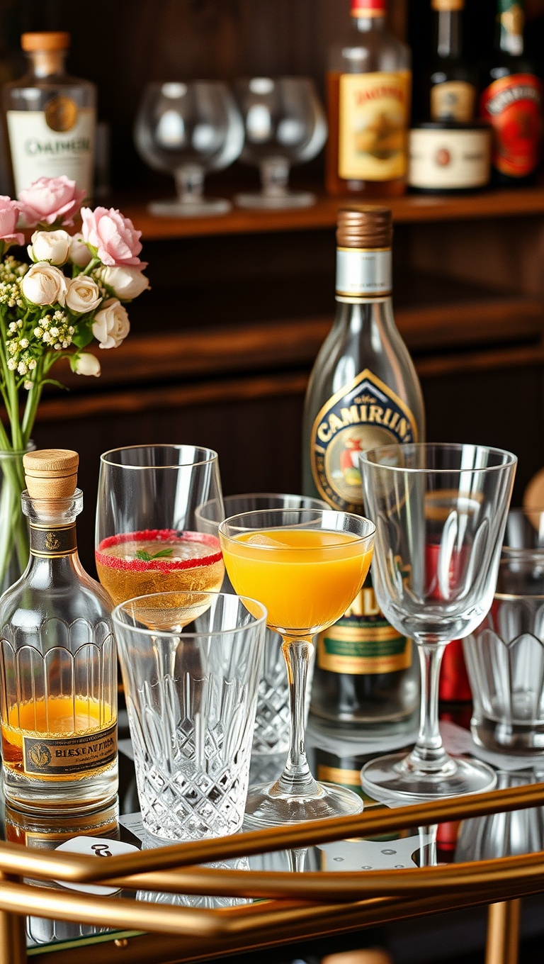 25 Fun and Fabulous Eclectic Vintage Bar Cart Styling Ideas - 23. Themed Glassware: Cheers to Unique Styles