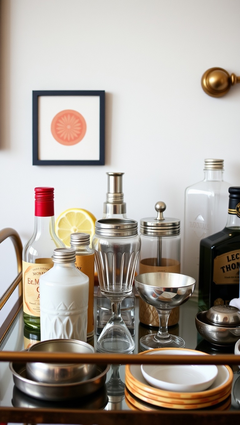 25 Fun and Fabulous Eclectic Vintage Bar Cart Styling Ideas - 10. Whimsical Shakers: Shake Things Up with Style