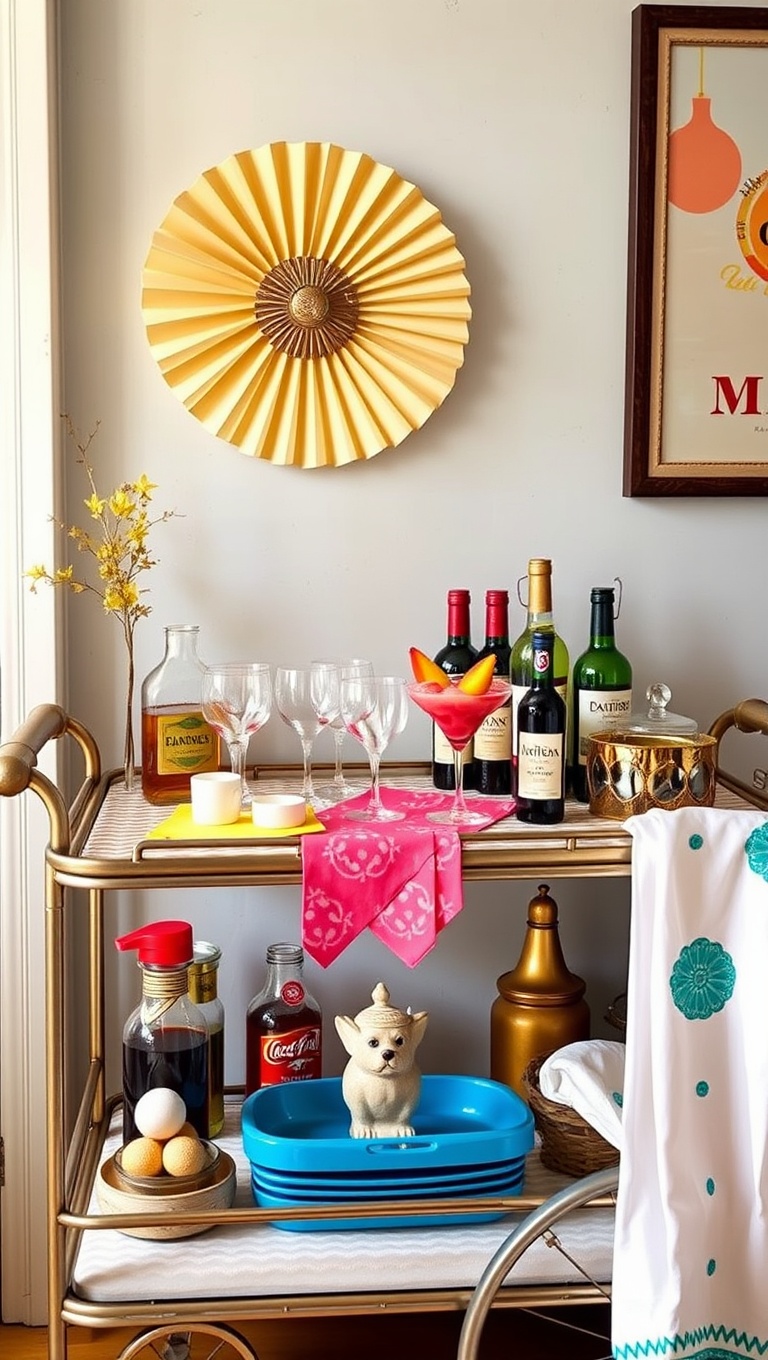 25 Fun and Fabulous Eclectic Vintage Bar Cart Styling Ideas - 7. Bright Napkins: Add a Splash of Color