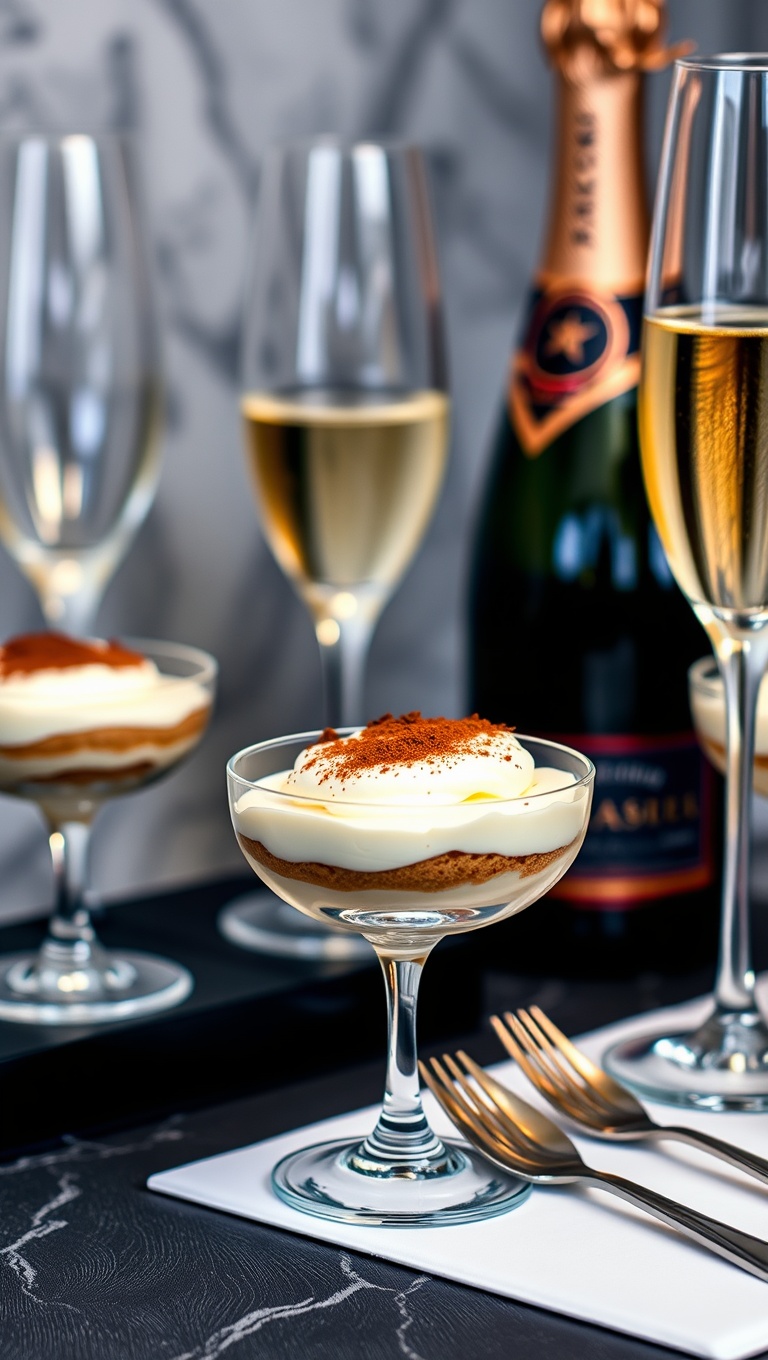 25 Elegant Champagne and Dessert Pairing Station Ideas for Your Next Celebration - 11. Tiramisu Cups: Italian Indulgence in a Glass