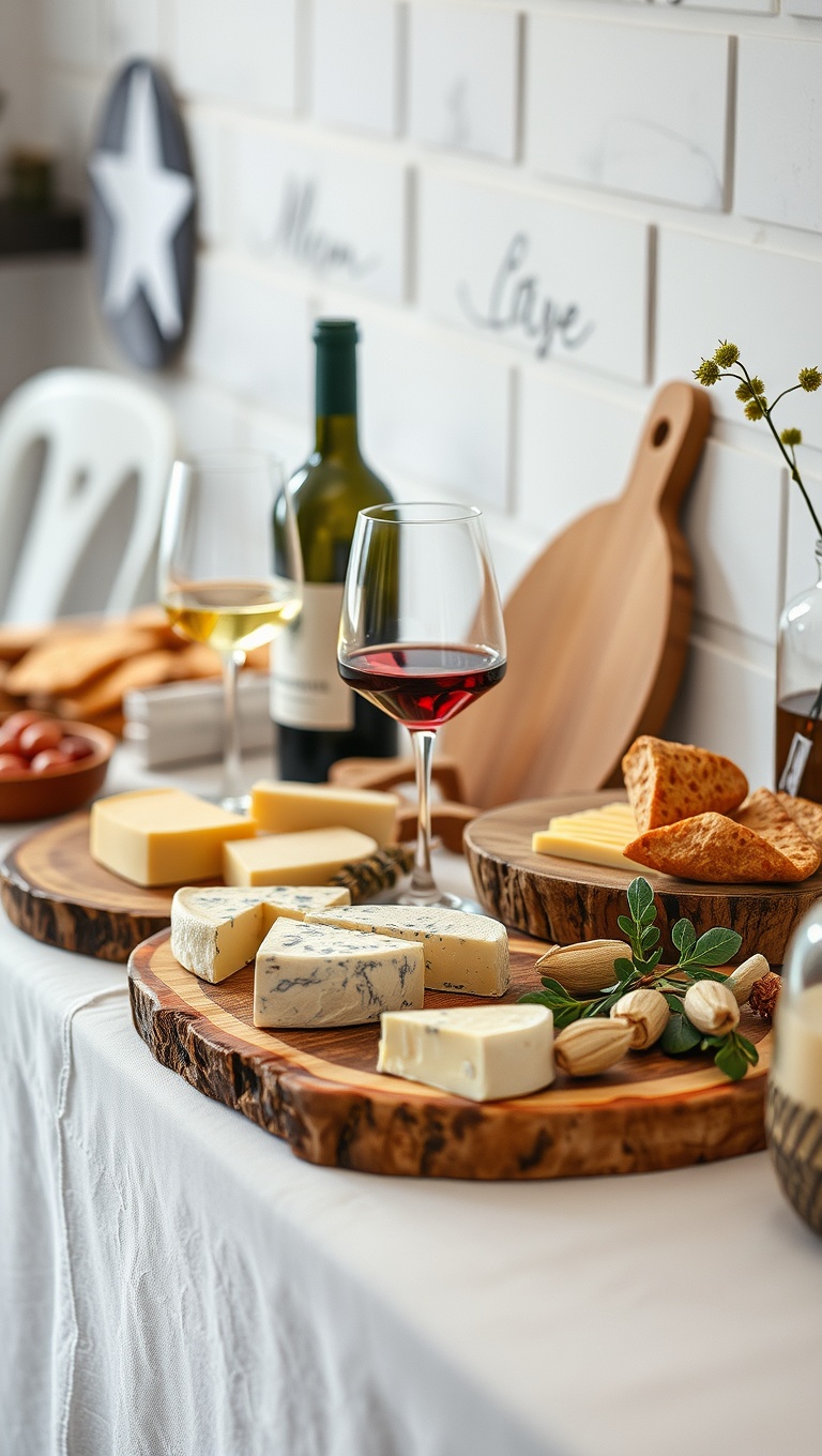 25 Elegant Wine and Cheese Station Ideas That Wow Your Guests - 1. Rustic Charm: Wooden Boards and Natural Elements