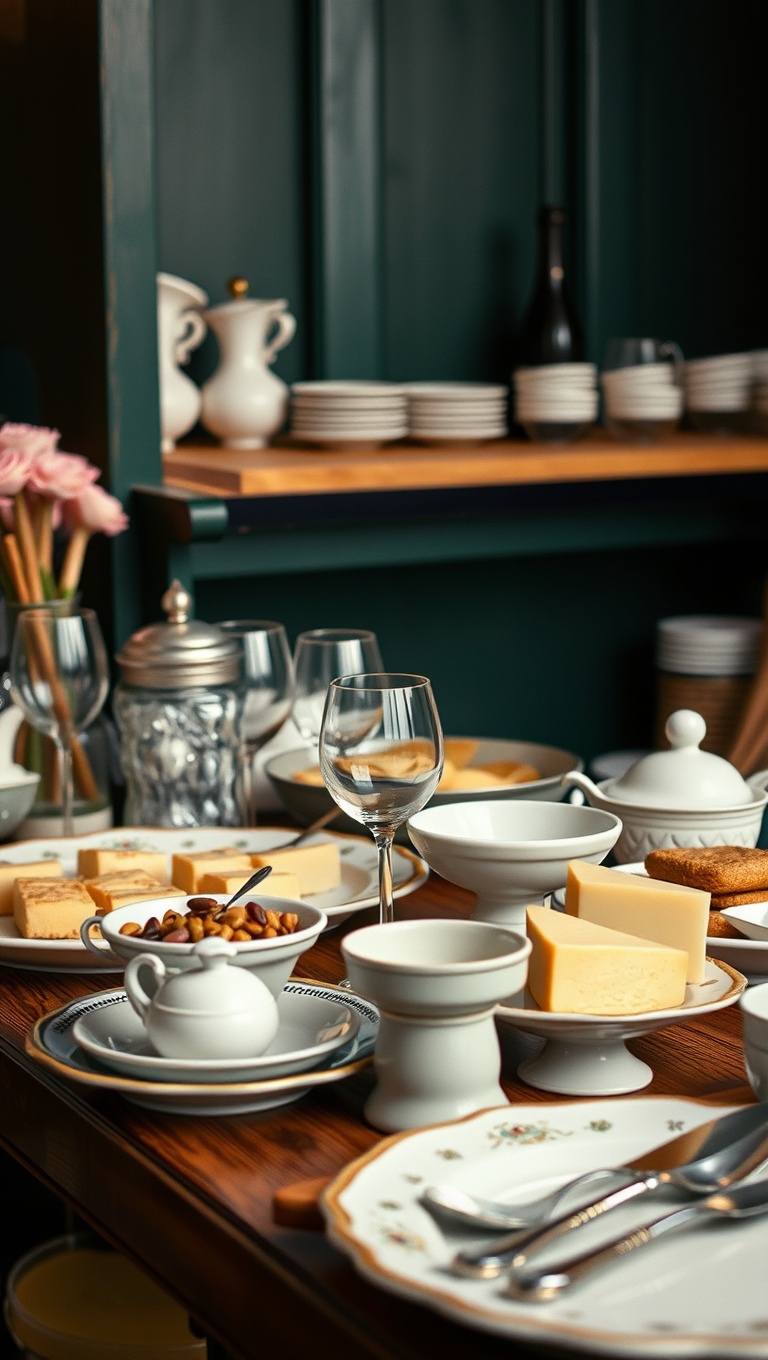 25 Elegant Wine and Cheese Station Ideas That Wow Your Guests - 7. Flea Market Finds: Vintage Utensils and Serveware