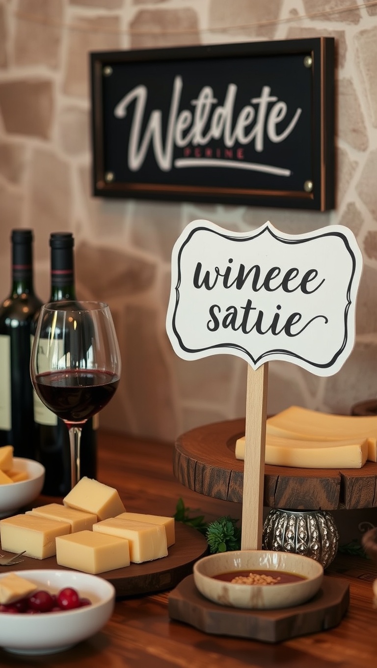 25 Elegant Wine and Cheese Station Ideas That Wow Your Guests - 22. Themed Signage: Cute Signs to Guide Your Guests