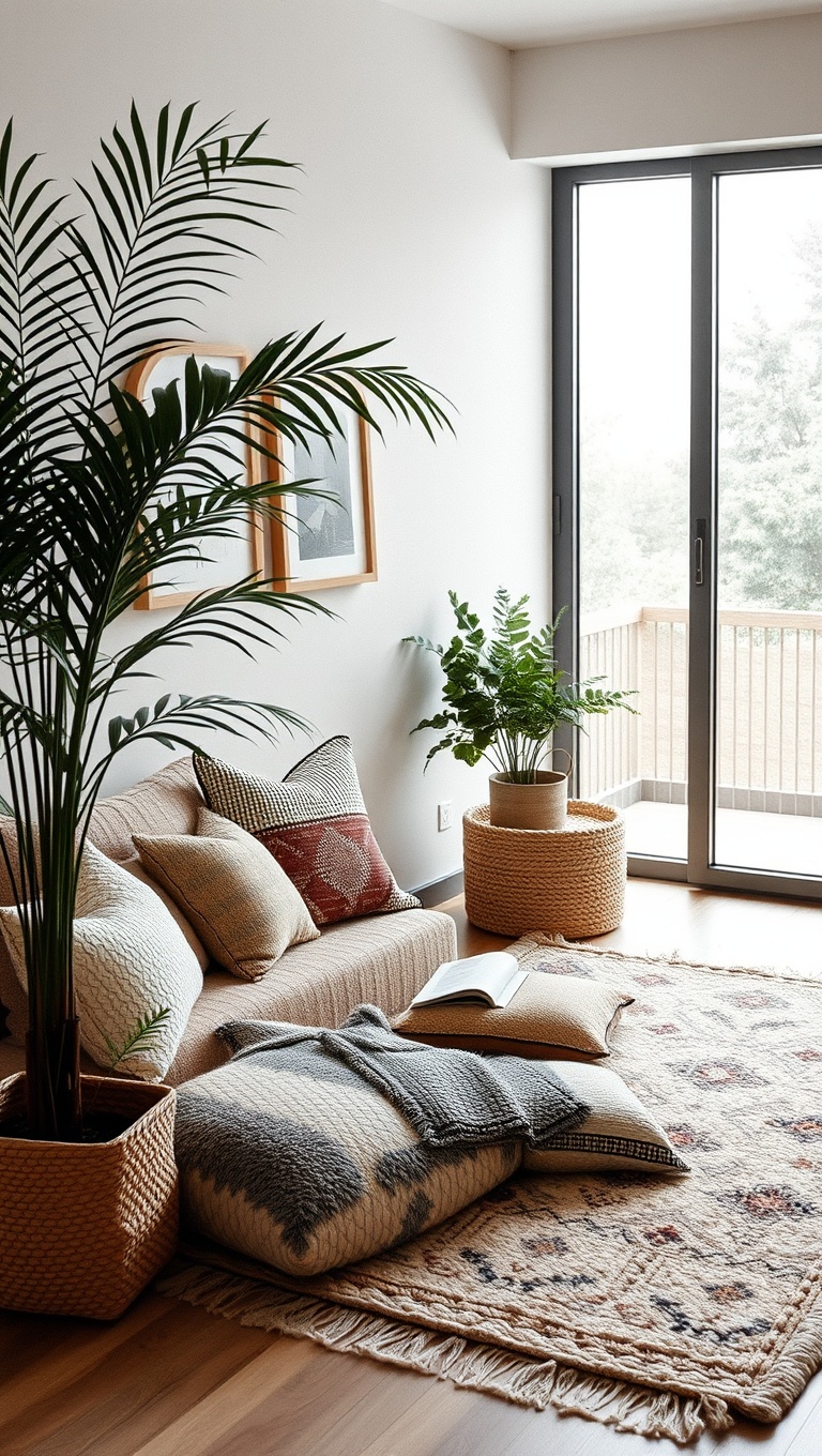 25 Minimalist Reading Nook Ideas for Small Spaces - 12. Layered Rugs for Comfort