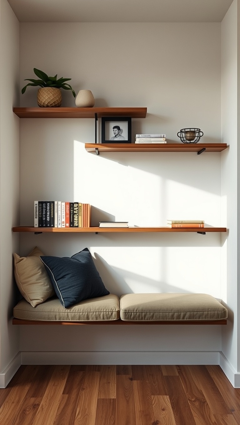 25 Minimalist Reading Nook Ideas for Small Spaces - 2. Floating Shelves with Cushions