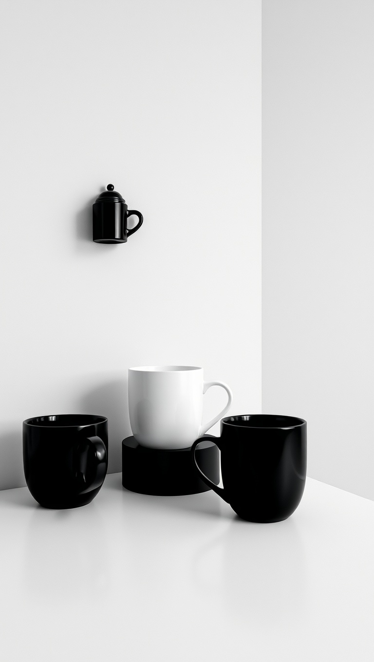 25 Chic and Inspiring Ideas for Your Modern Minimalist Coffee Corner - 3. Monochrome Mug Displays