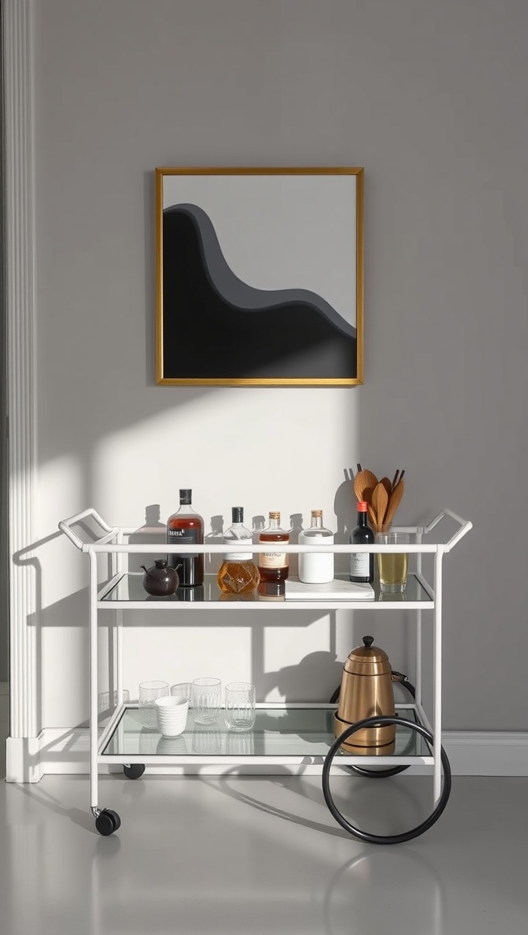 25 Chic and Inspiring Ideas for Your Modern Minimalist Coffee Corner - 13. Minimalist Bar Cart with Essentials