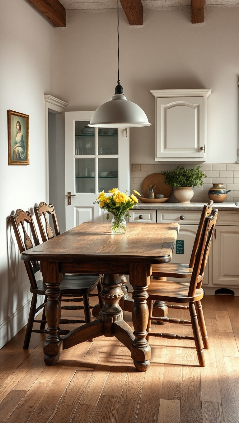 25 Charming Ideas for Old-World European-Inspired Kitchen Corners - 1. Antique Farmhouse Table with Vintage Chairs