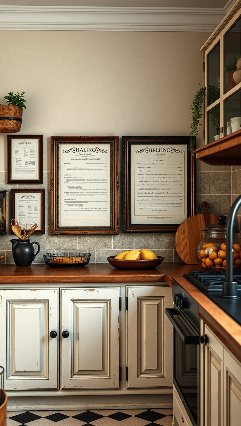 25 Charming Ideas for Old-World European-Inspired Kitchen Corners - 16. Beautifully Framed Recipes or Family Heirlooms