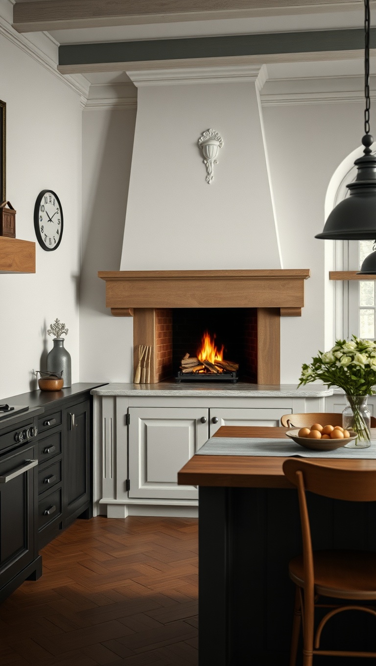 25 Charming Ideas for Old-World European-Inspired Kitchen Corners - 24. A Warm Fireplace for Inviting Ambiance