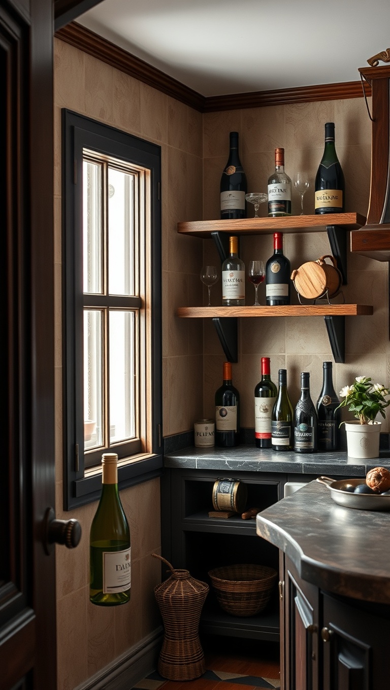 25 Charming Ideas for Old-World European-Inspired Kitchen Corners - 25. Vintage Wine Bottles as Decorative Accents
