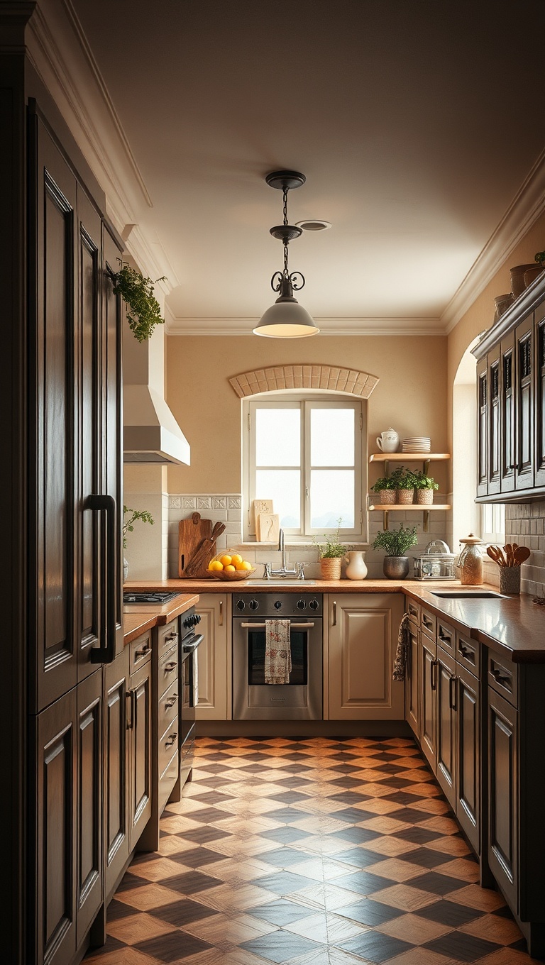 25 Charming Ideas for Old-World European-Inspired Kitchen Corners - 11. Warm Lighting with Soft, Inviting Colors