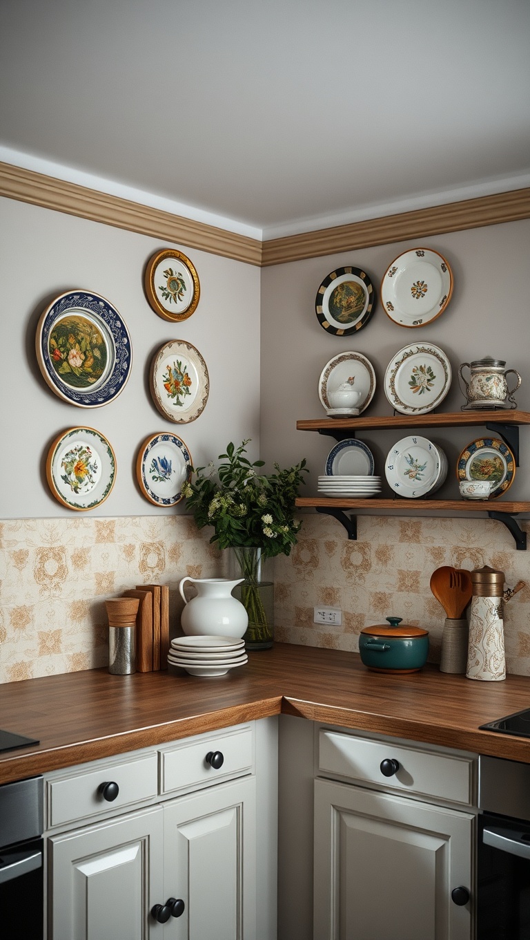 25 Charming Ideas for Old-World European-Inspired Kitchen Corners - 9. Decorative Plate Displays on the Walls