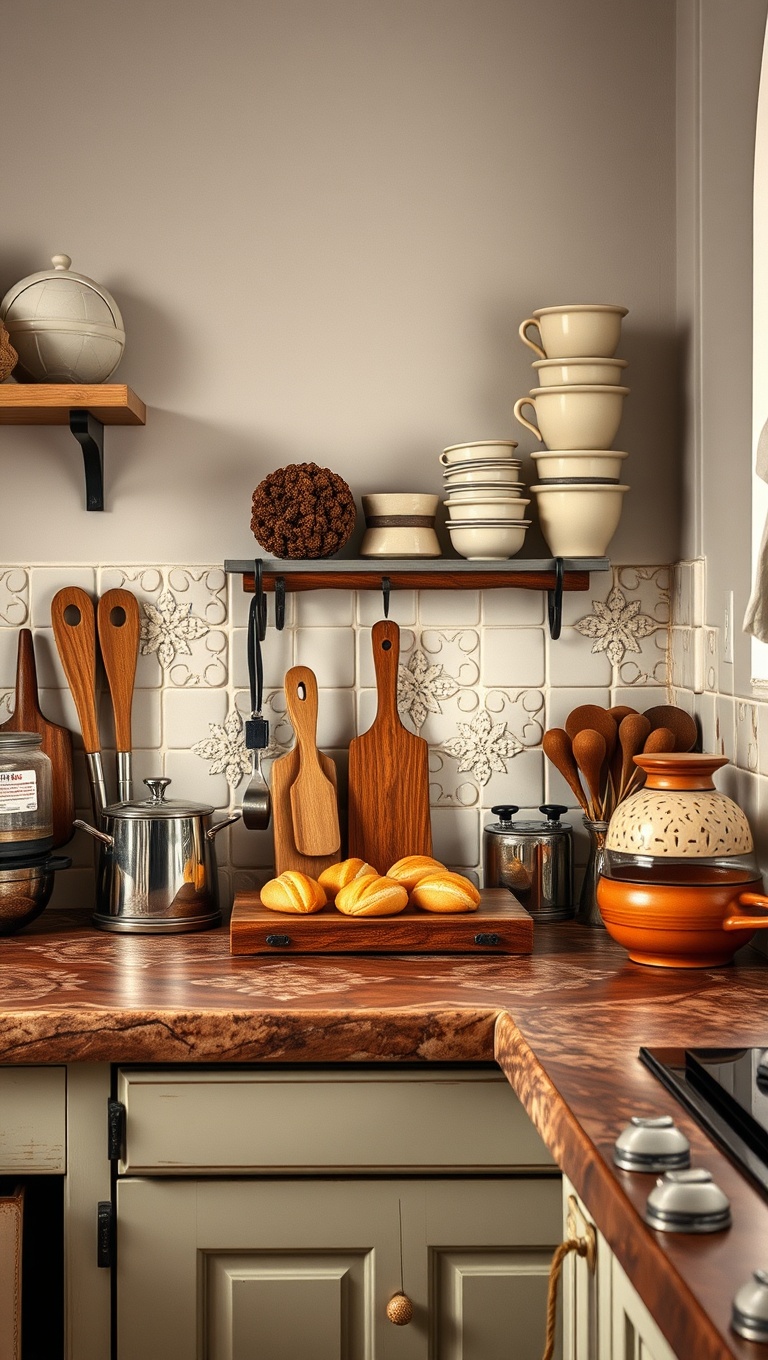 25 Charming Ideas for Old-World European-Inspired Kitchen Corners - 15. An Old-Fashioned Baking Station with Pastry Tools
