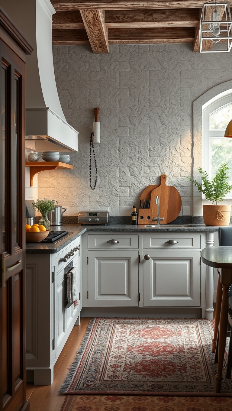 25 Charming Ideas for Old-World European-Inspired Kitchen Corners - 12. A Statement Rug to Add Texture and Color