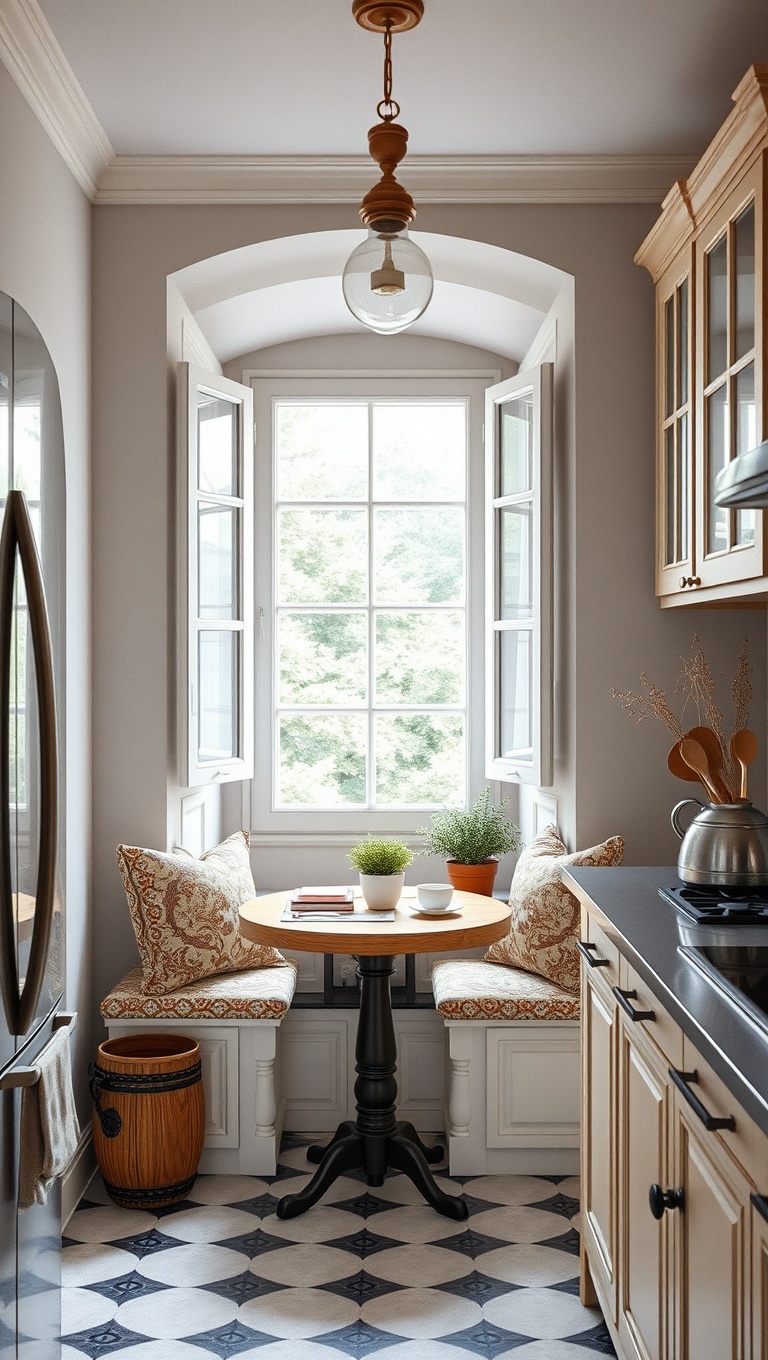 25 Charming Ideas for Old-World European-Inspired Kitchen Corners - 4. A Cozy Breakfast Nook by the Window