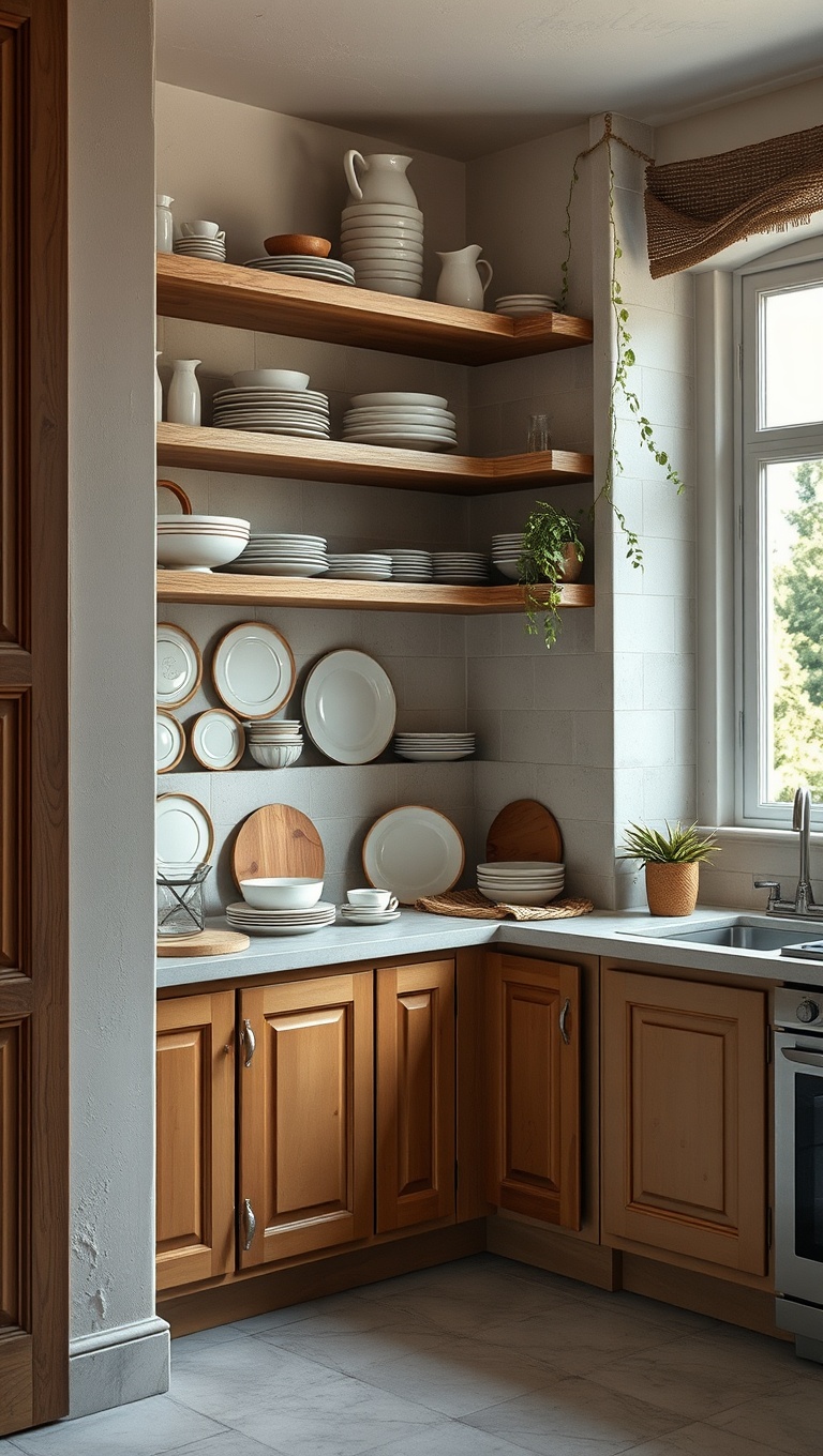 25 Charming Ideas for Old-World European-Inspired Kitchen Corners - 3. Rustic Open Shelving with Beautiful Dishware