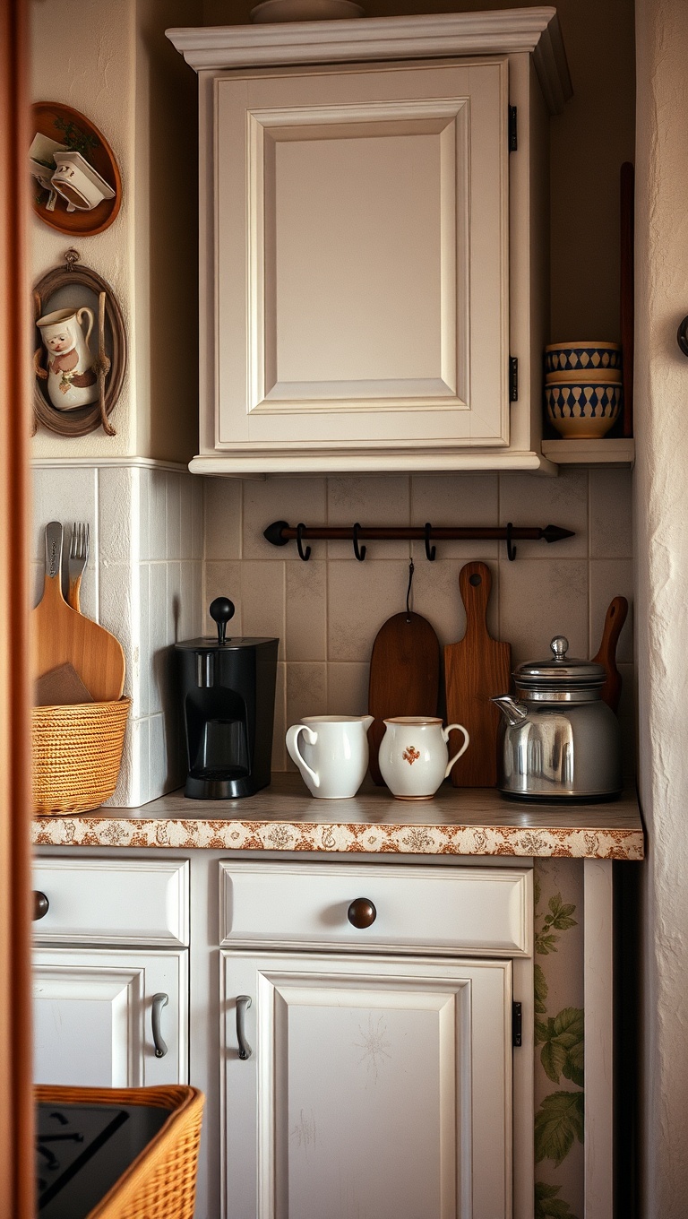 25 Charming Ideas for Old-World European-Inspired Kitchen Corners - 8. A Quaint Coffee Bar with Vintage Mugs