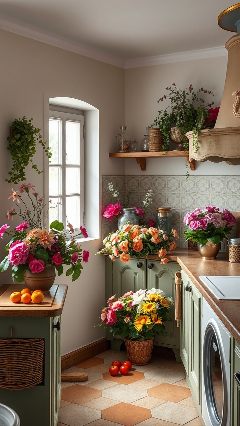 25 Charming Ideas for Old-World European-Inspired Kitchen Corners - 22. Floral Arrangements for Freshness and Color