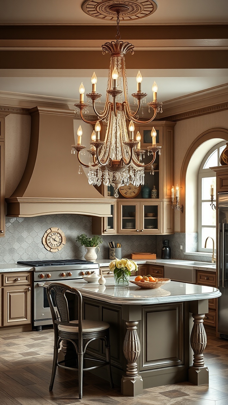 25 Charming Ideas for Old-World European-Inspired Kitchen Corners - 5. Elegant Chandeliers for a Touch of Glam