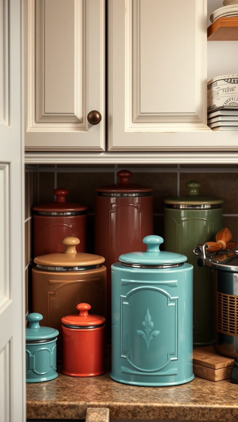 25 Charming Ideas for Old-World European-Inspired Kitchen Corners - 19. Colorful French Canisters for Organization