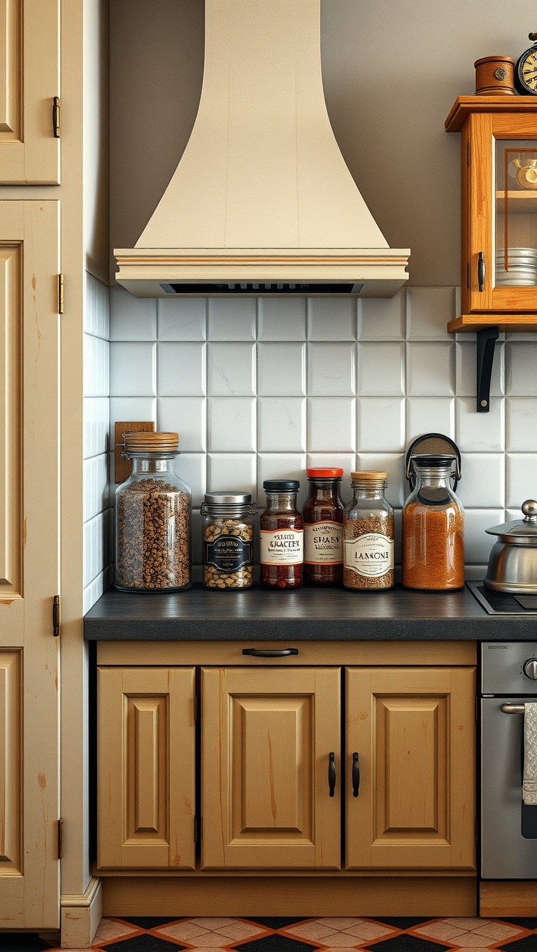 25 Charming Ideas for Old-World European-Inspired Kitchen Corners - 13. Vintage Spice Jars for a Nostalgic Touch