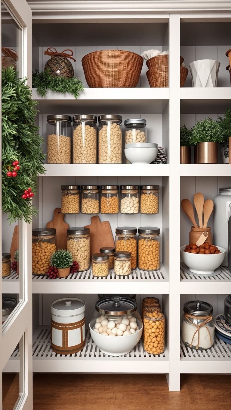 25 Creative Open-Shelf Pantry Styling Ideas You’ll Love - 15. Seasonal Decor for a Festive Touch