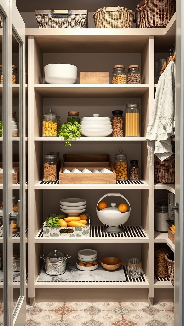 25 Creative Open-Shelf Pantry Styling Ideas You’ll Love - 18. Decorative Trays for a Cohesive Look