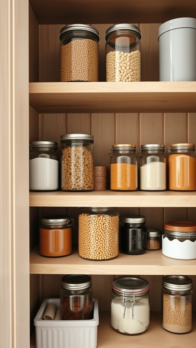 25 Creative Open-Shelf Pantry Styling Ideas You’ll Love - 3. Clear Glass Jars to Showcase Your Staples
