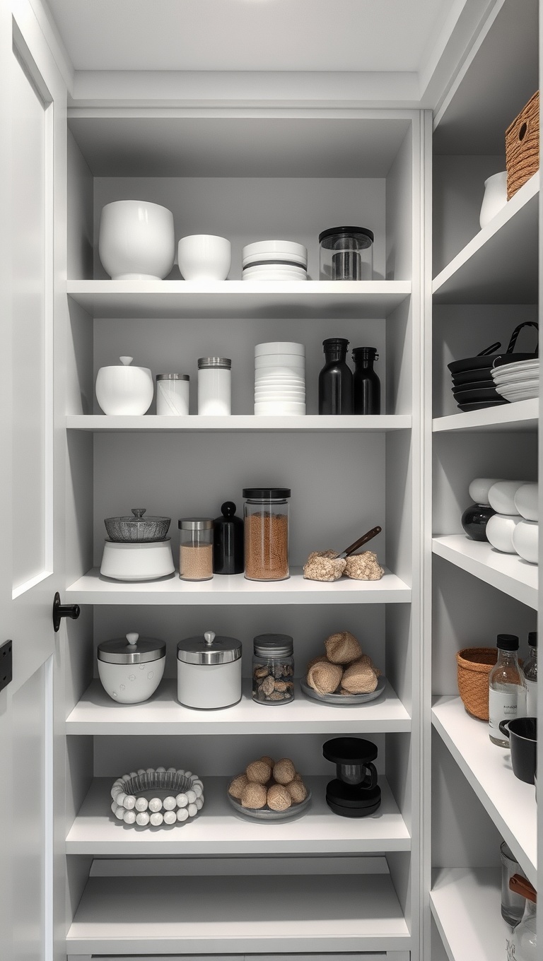 25 Creative Open-Shelf Pantry Styling Ideas You’ll Love - 12. Minimalist Approach with Monochrome Decor