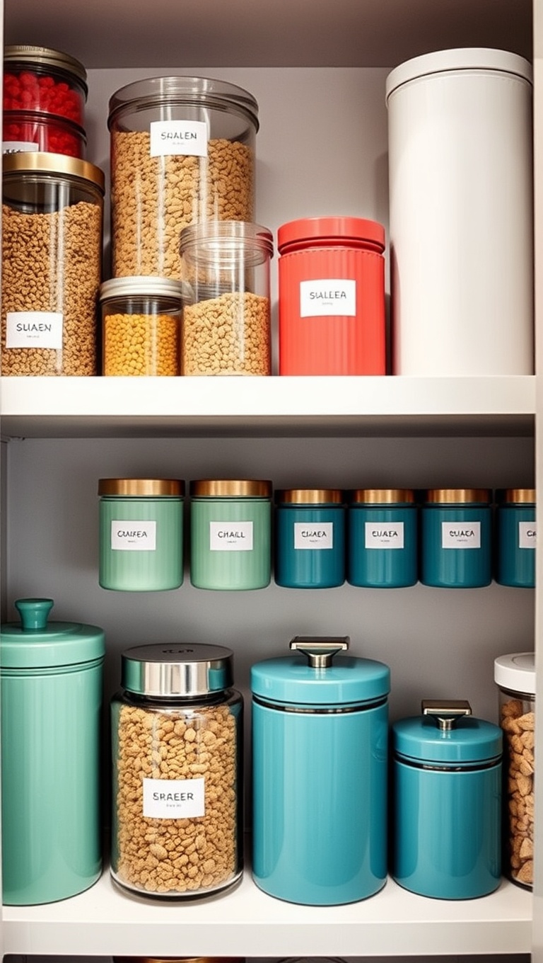 25 Creative Open-Shelf Pantry Styling Ideas You’ll Love - 1. Color-Coded Canisters for a Pop of Color