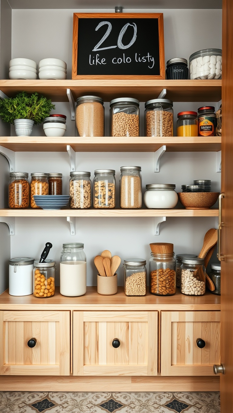 25 Creative Open-Shelf Pantry Styling Ideas You’ll Love - 20. Incorporate a Chalkboard for Notes and Lists