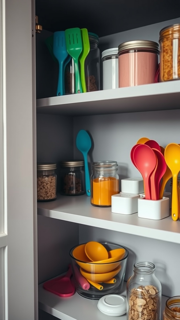 25 Creative Open-Shelf Pantry Styling Ideas You’ll Love - 11. Brightly Colored Utensils for a Fun Vibe