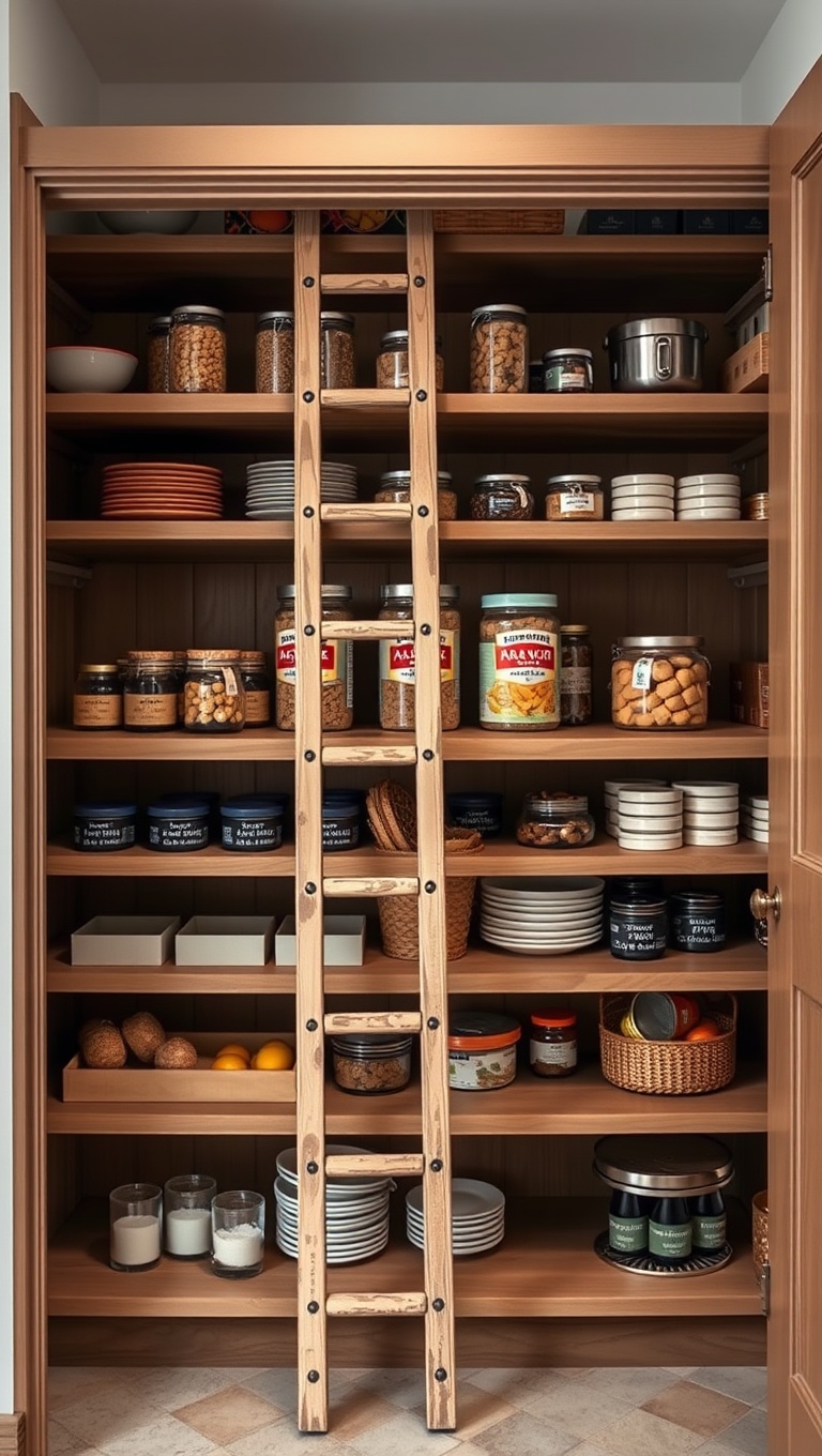 25 Creative Open-Shelf Pantry Styling Ideas You’ll Love - 23. Use a Ladder for a Stylish Vertical Display