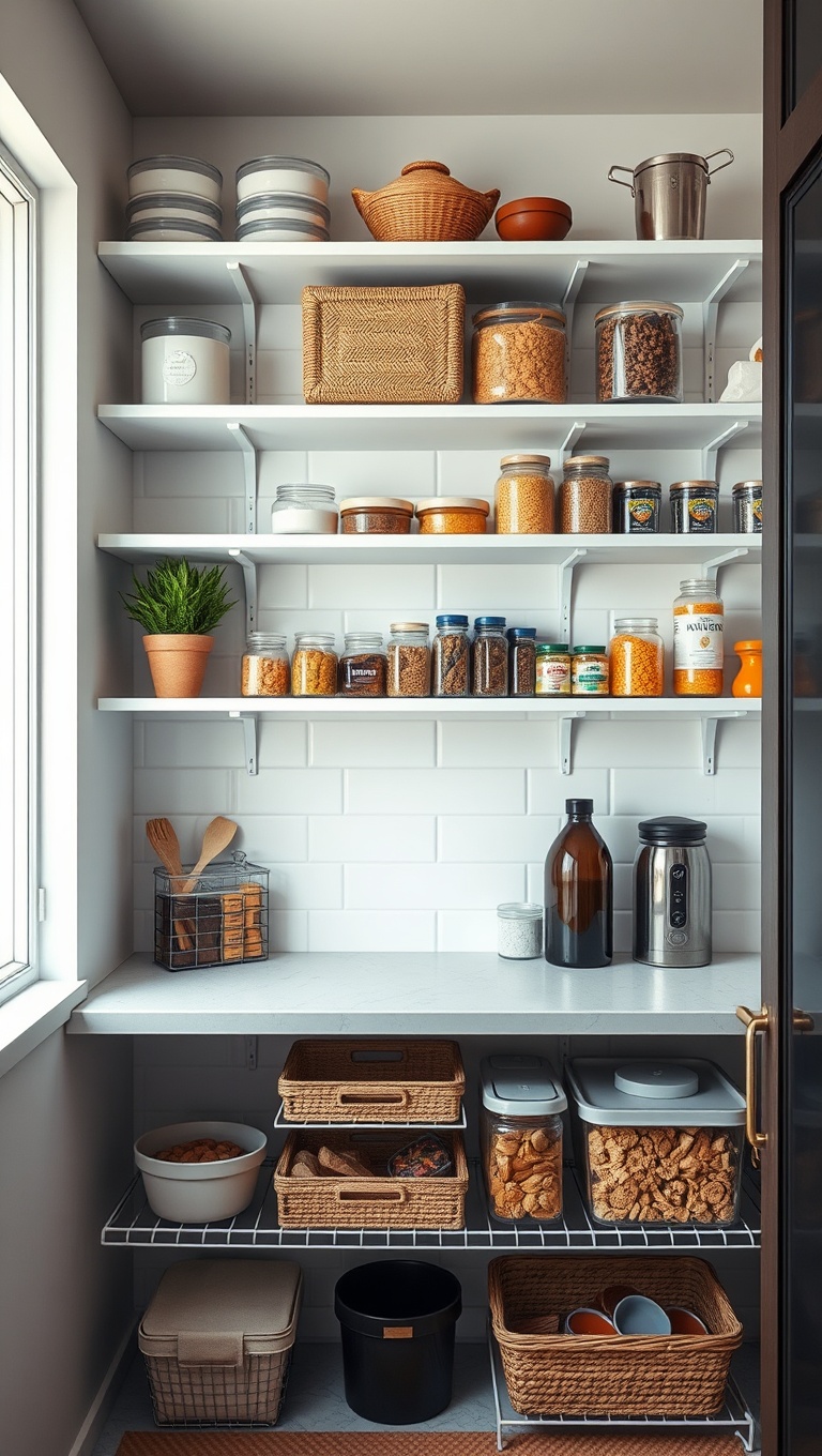 25 Creative Open-Shelf Pantry Styling Ideas You’ll Love - 13. Creative Use of Wall Space with Hanging Racks