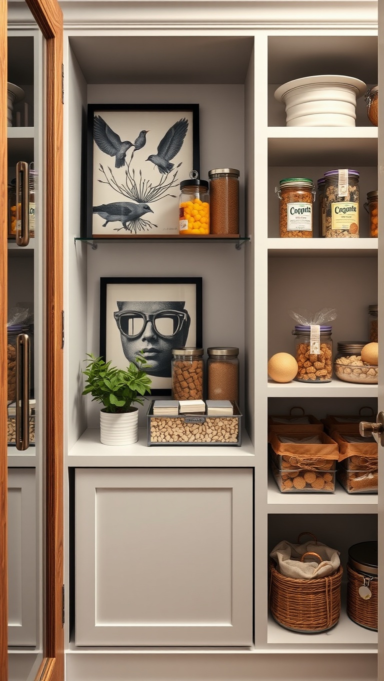 25 Creative Open-Shelf Pantry Styling Ideas You’ll Love - 14. Eye-Catching Artwork to Personalize Your Pantry