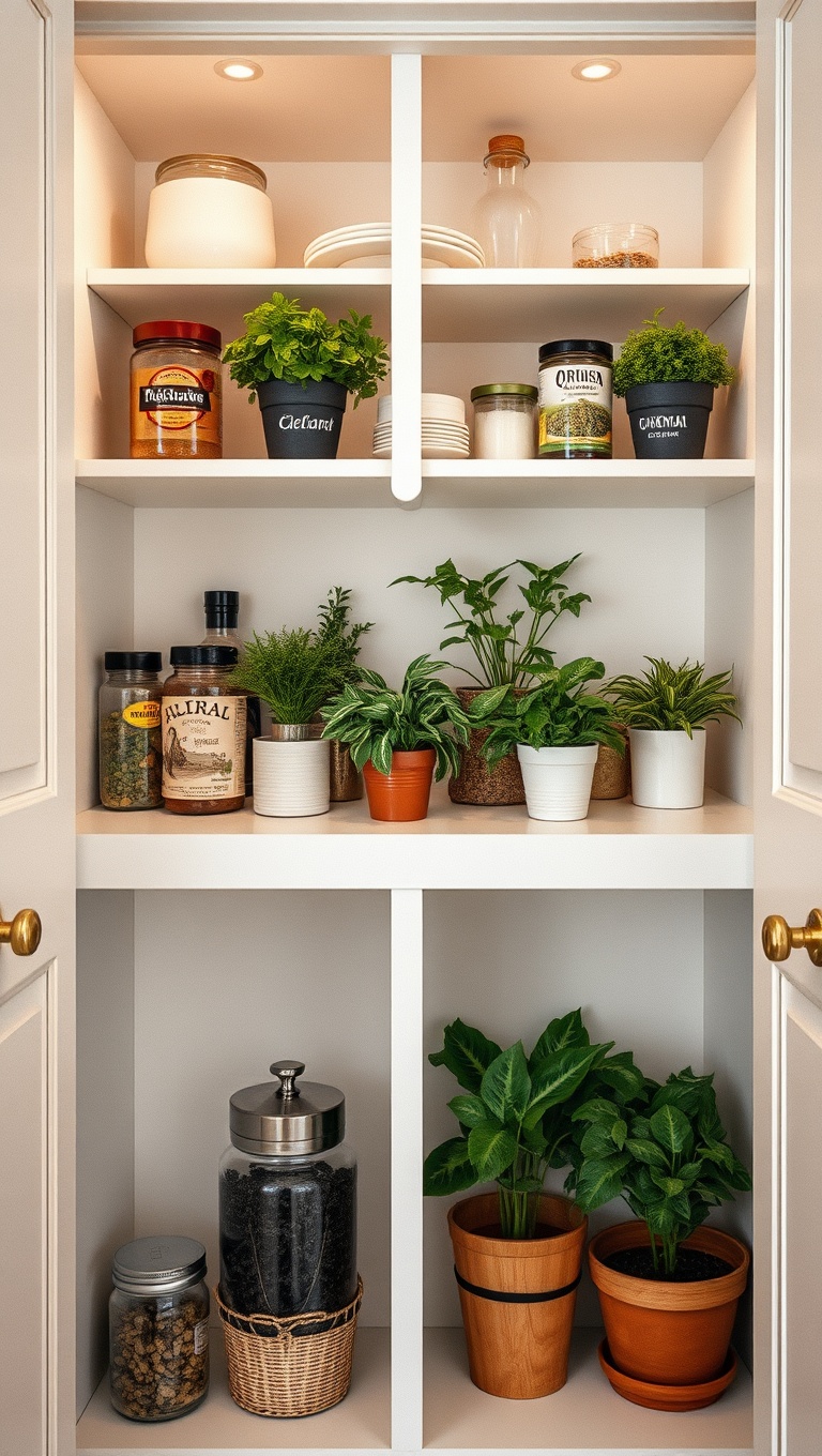 25 Creative Open-Shelf Pantry Styling Ideas You’ll Love - 6. Add a Touch of Green with Potted Herbs