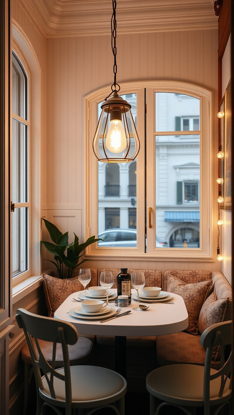 25 Charming Ideas for Your Parisian-Inspired Breakfast Corner - 12. Charming Lighting: Install a Pendant or Fairy Lights