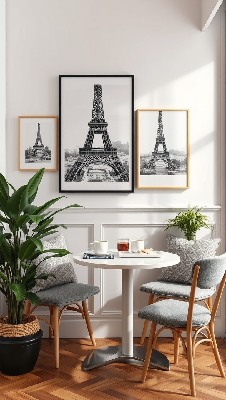 25 Charming Ideas for Your Parisian-Inspired Breakfast Corner - 5. Chic Wall Art: Hang Paris-Themed Prints