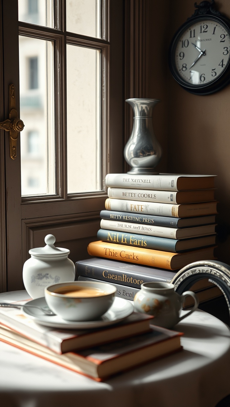 25 Charming Ideas for Your Parisian-Inspired Breakfast Corner - 19. Vintage Books: Stack Some French Literature Nearby