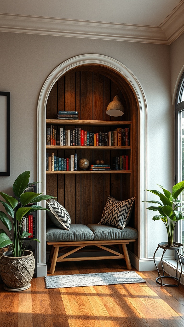 25 Cozy Reading Nooks & Spaces That Will Make You Want to Curl Up With a Book - 6. Rustic Bookshelf Nook