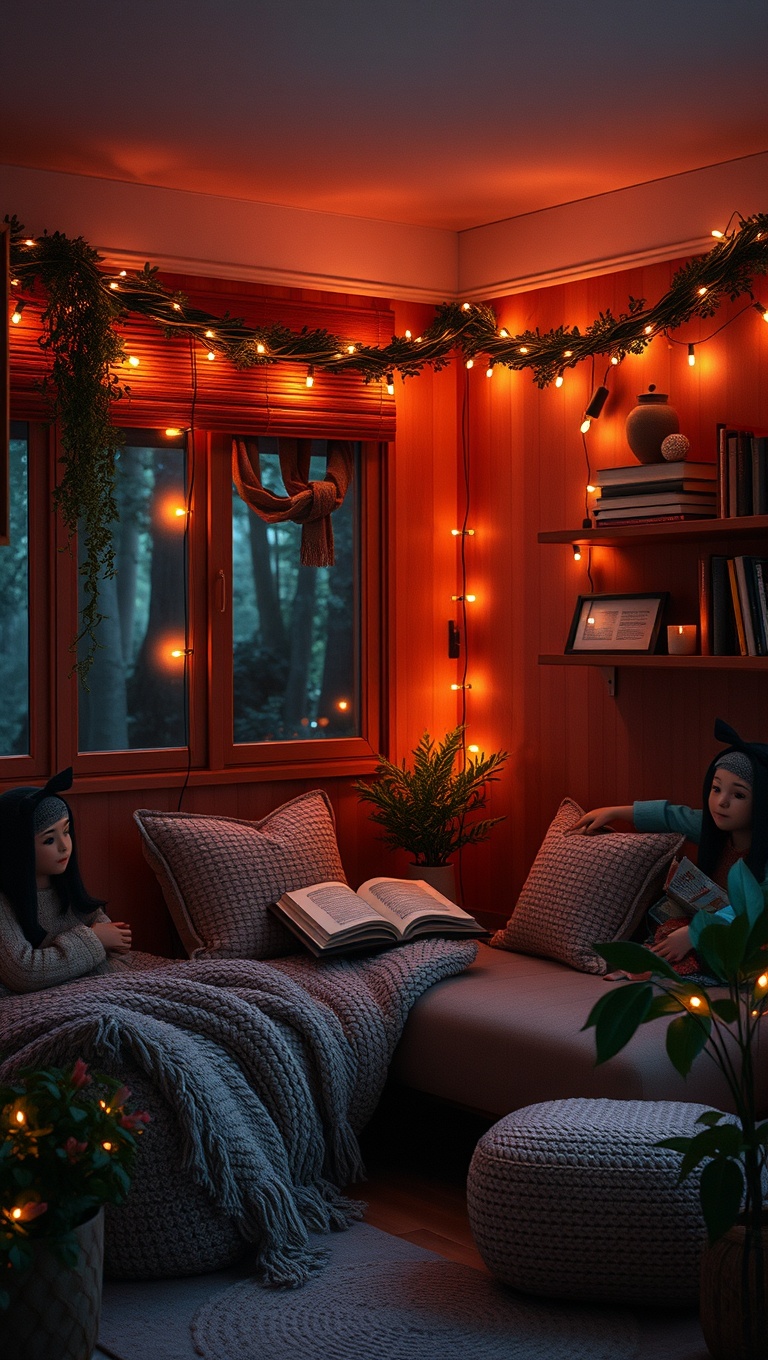 25 Cozy Reading Nooks & Spaces That Will Make You Want to Curl Up With a Book - 5. Cozy Corner with Fairy Lights