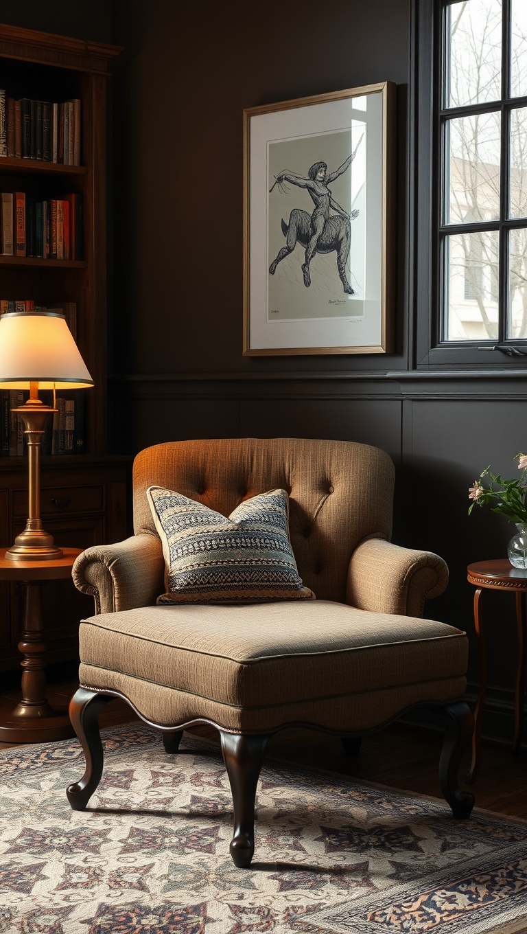 25 Cozy Reading Nooks & Spaces That Will Make You Want to Curl Up With a Book - 11. Vintage Chair and Ottoman